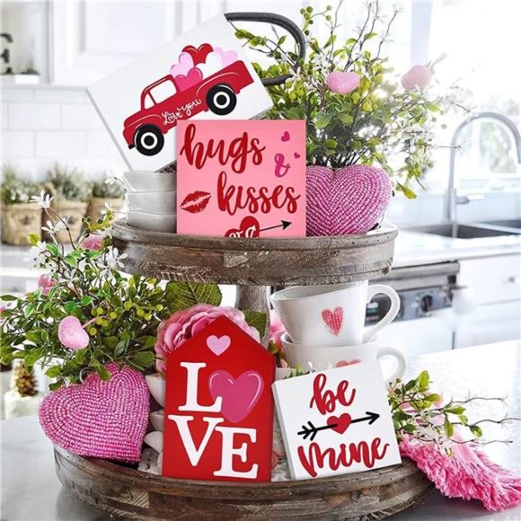 Valentine's Day Tiered Tray Decor Rustic Wooden Decorations Love Sign Set of 4 - Picture 2 of 7